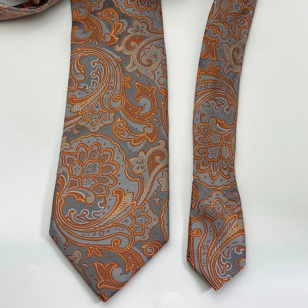 Vintage Geoffrey‎ Beene 100% Necktie Tie Grey Orange Paisley Jacquard Retro Mod